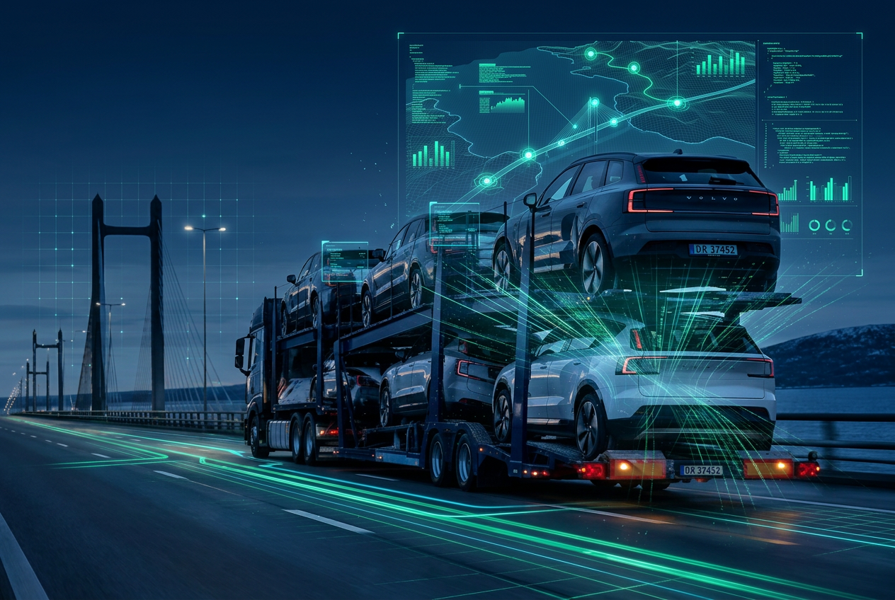 Autotransporter mit Elektro-SUVs auf einer Brücke in Skandinavien